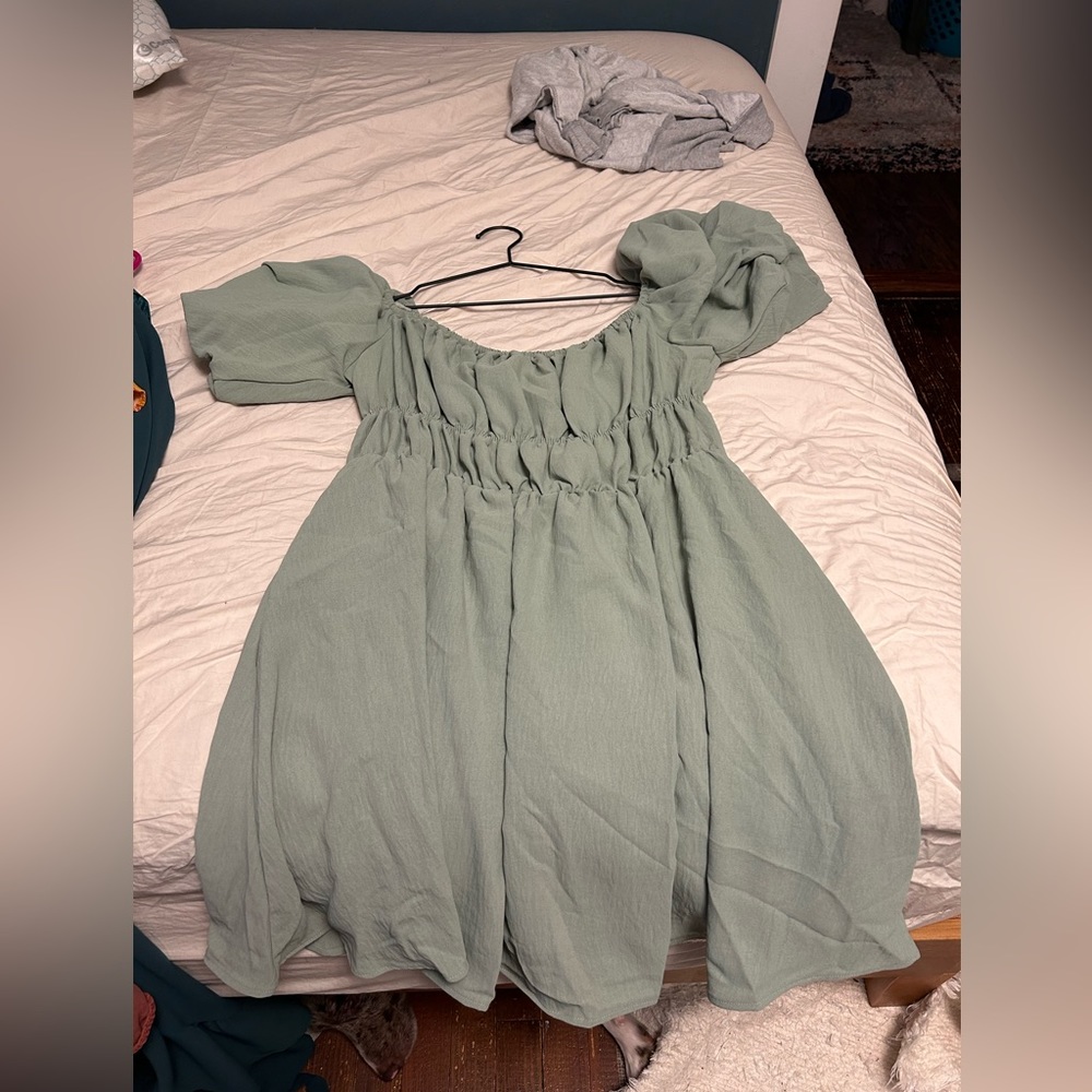 Sage green off-shoulder flowy dress